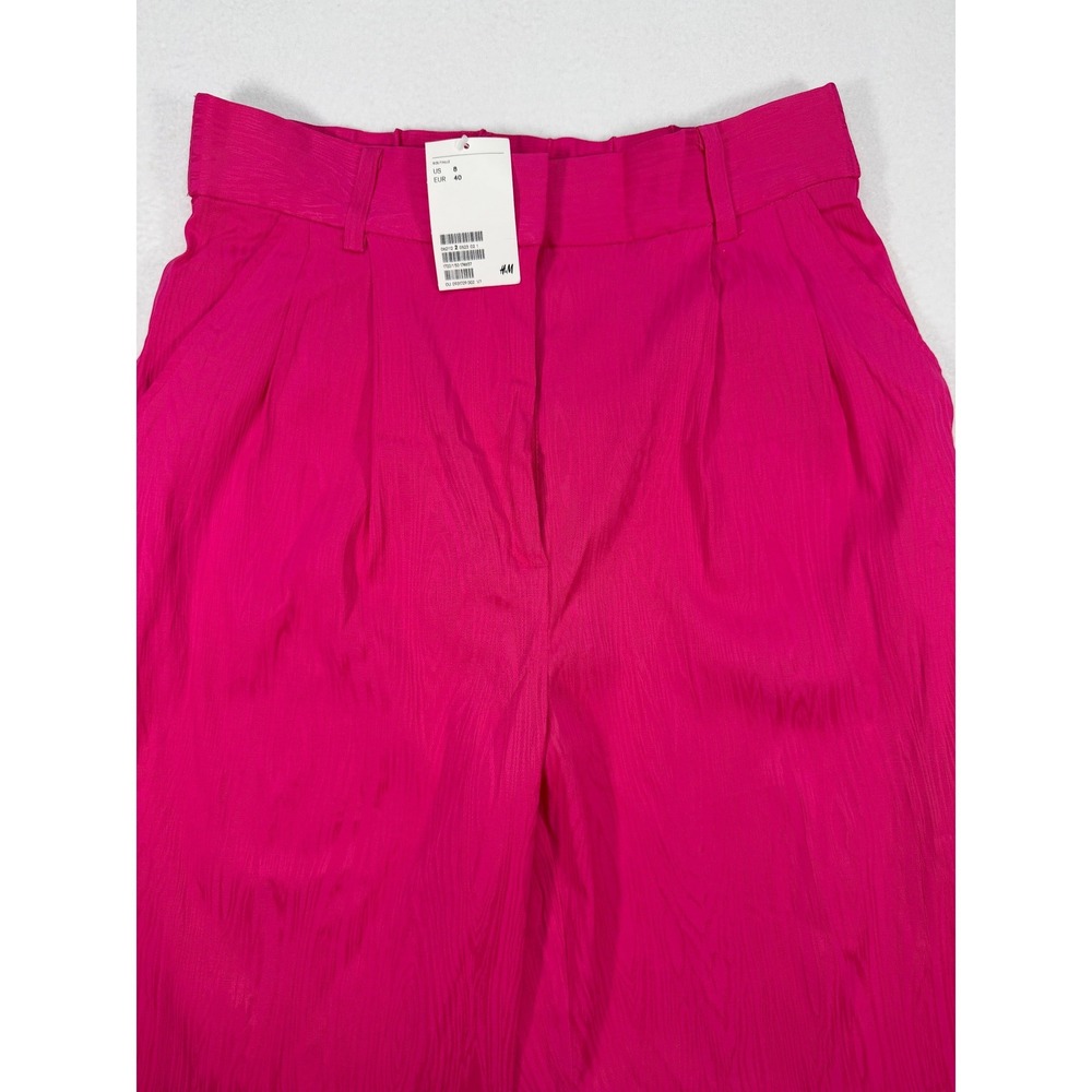 H&M‎ Wide Leg Trousers High Waist Pleated Women's 8 Pink Textured Barbiecore NWT - Picture 5 of 8